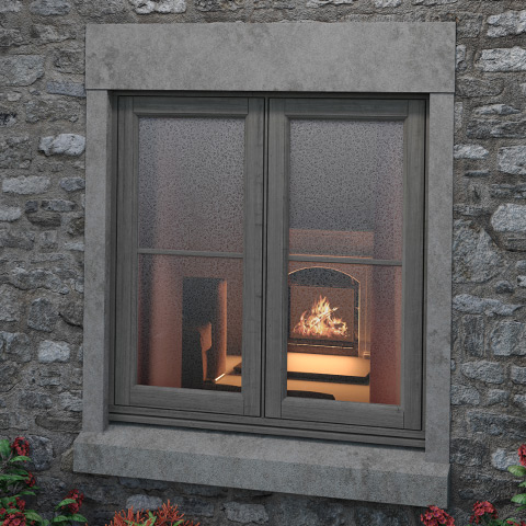 Resurgence wood effect windows with a fire in the background