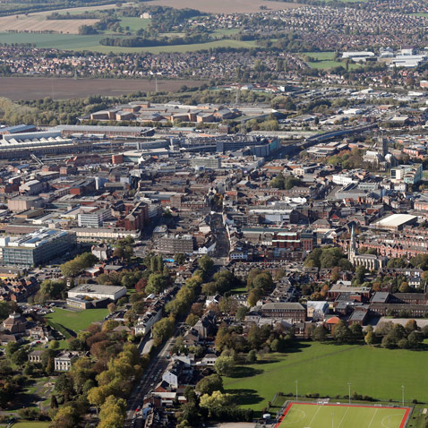 Aerial view of Doncaster city centre homes