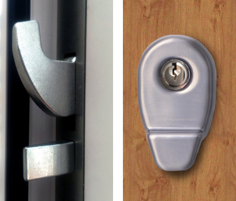 Closeup of a uPVC door lock and keyhole